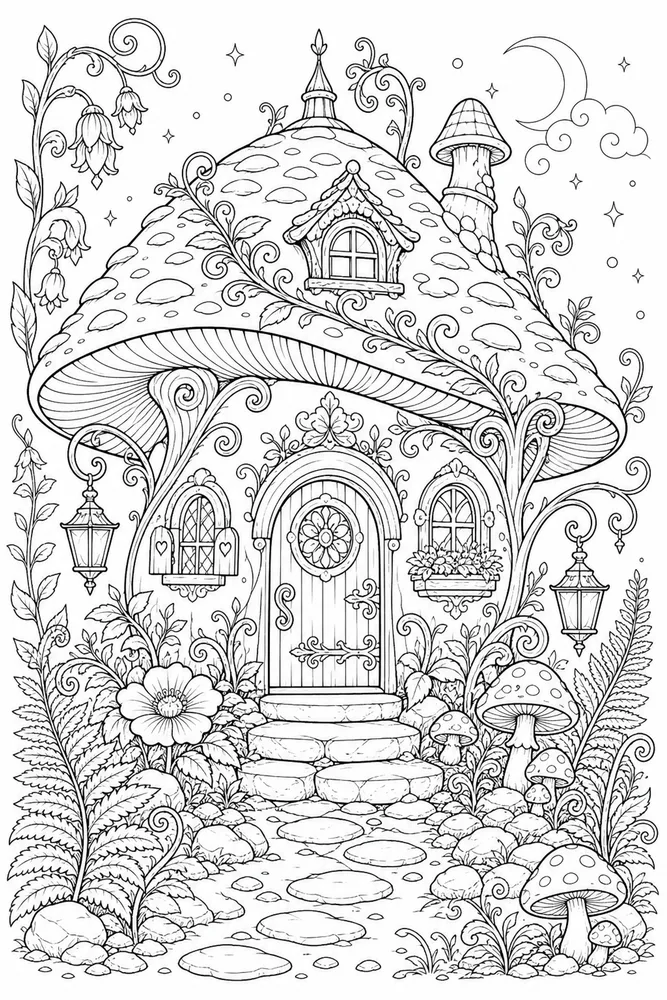 Adult Fantasy Fantasy Mushroom Cottage coloring page