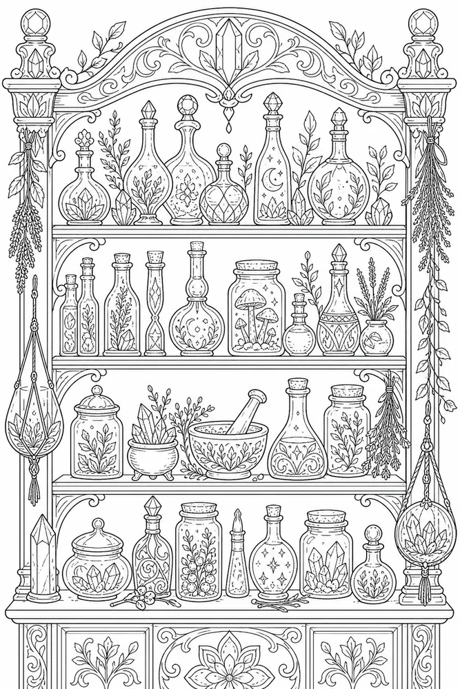 Adult Fantasy Fantasy Wizard Free Potion Shelf coloring page