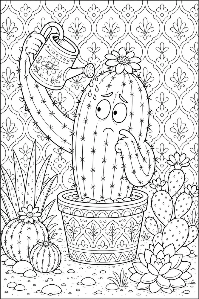 Adult Funny Funny Adult Confused Cactus With Watering Can coloring page