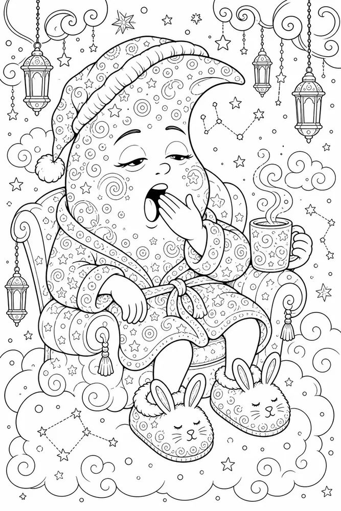 Adult Funny Funny Adult Sleepy Moon In Slippers coloring page