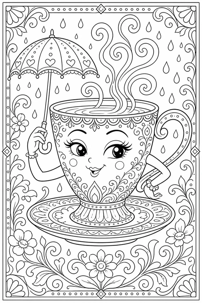 Adult Funny Funny Adult Teacup With Tiny Umbrella coloring page