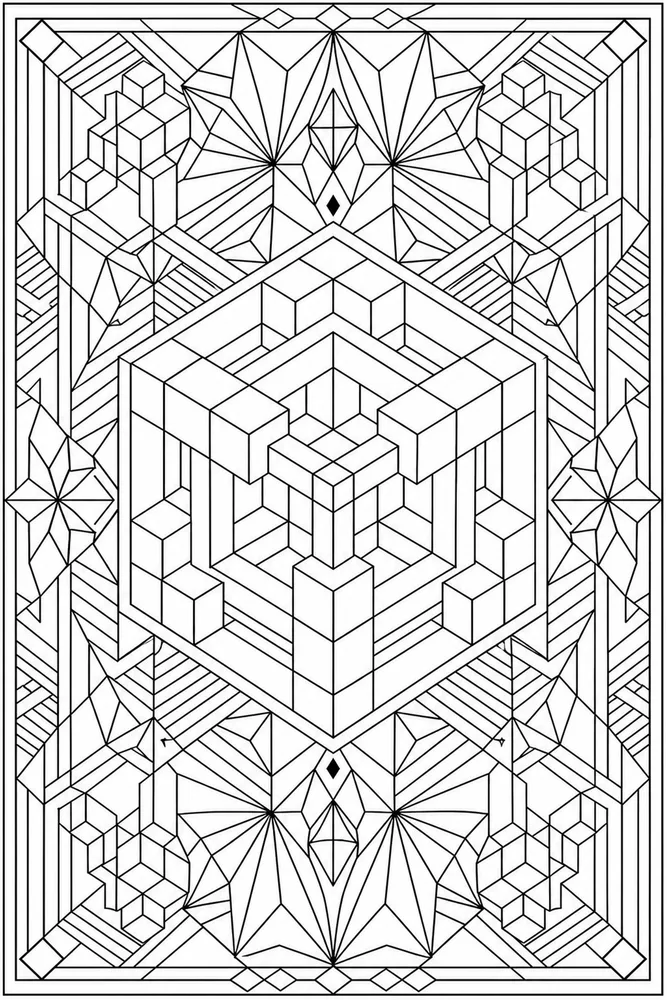 Adult Geometric Geometric Cube Illusion coloring page