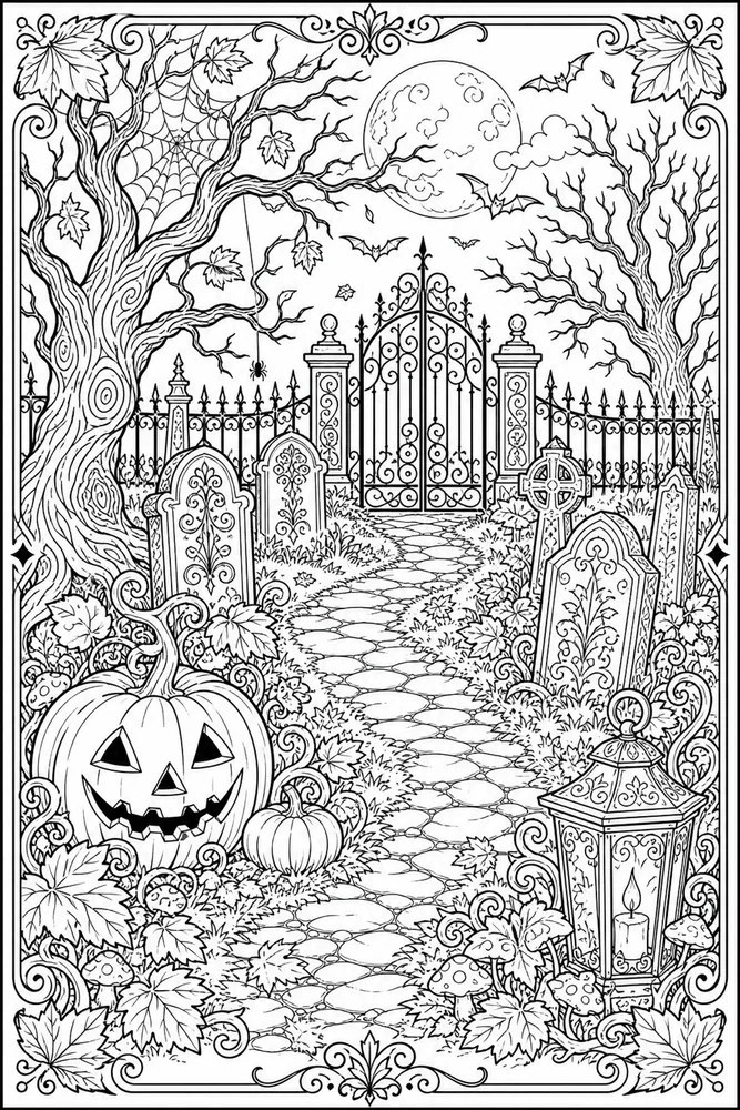Adult Halloween Halloween Autumn Graveyard Path coloring page