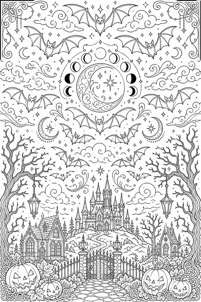 Adult Halloween Coloring Pages preview: Adult Halloween Halloween Bat Pattern Sky coloring page
