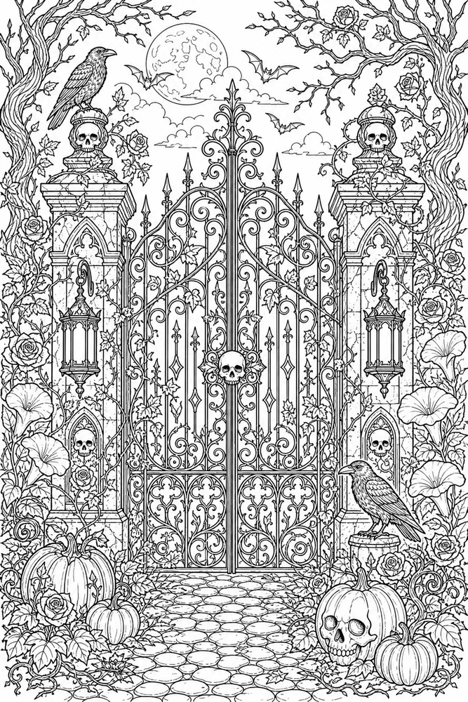 Adult Halloween Halloween Gothic Garden Gate coloring page