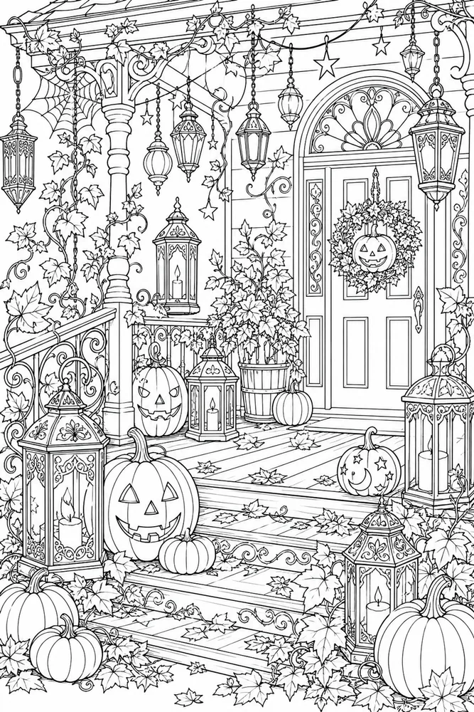 Adult Halloween Halloween Lantern Porch coloring page
