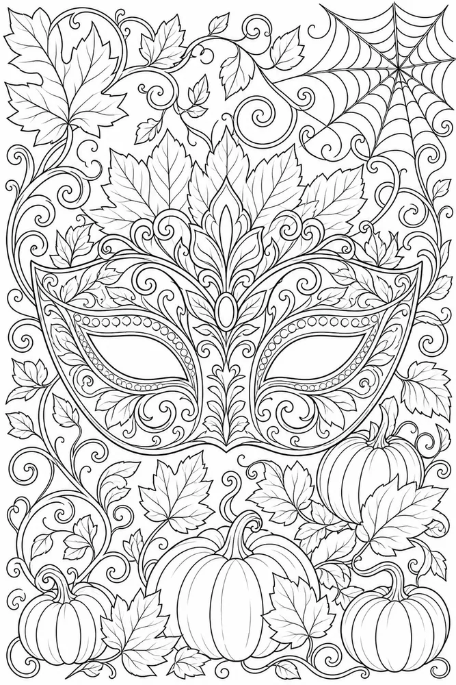 Adult Halloween Halloween Mask And Leaves coloring page