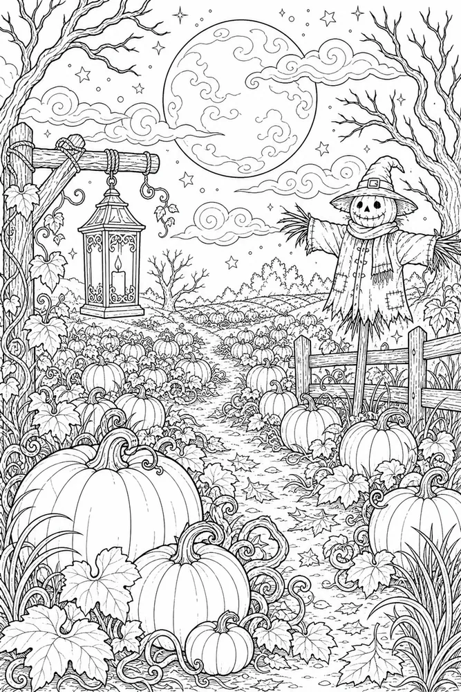 Adult Halloween Halloween Moonlit Pumpkin Patch coloring page