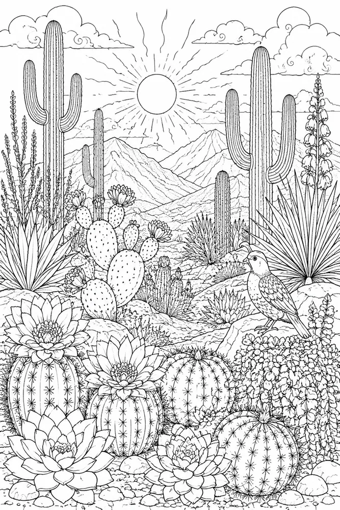 Adult Nature Nature Desert Cactus Garden coloring page