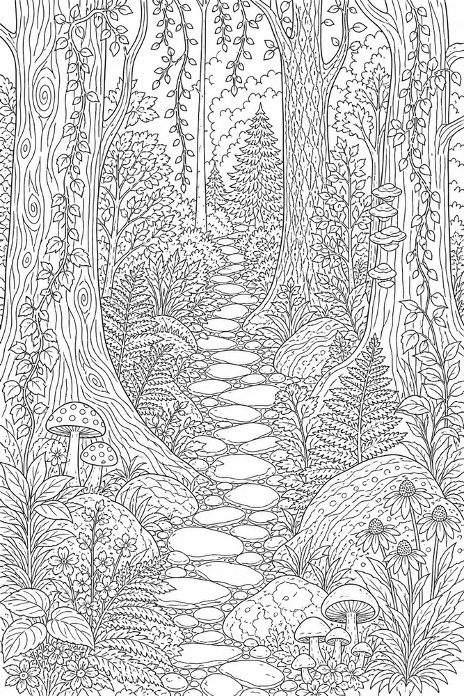 Adult Nature Coloring Pages preview: Adult Nature Nature Forest Trail coloring page
