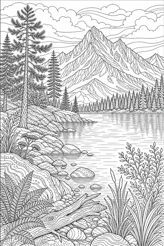 Adult Nature Nature Mountain Lake coloring page