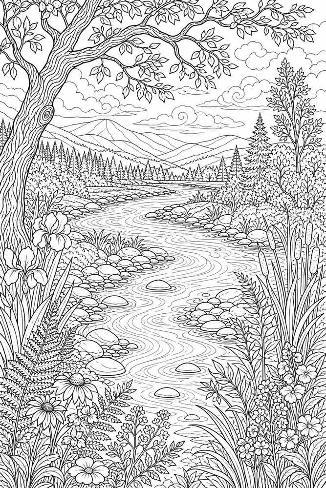 Adult Nature Nature River Bend coloring page