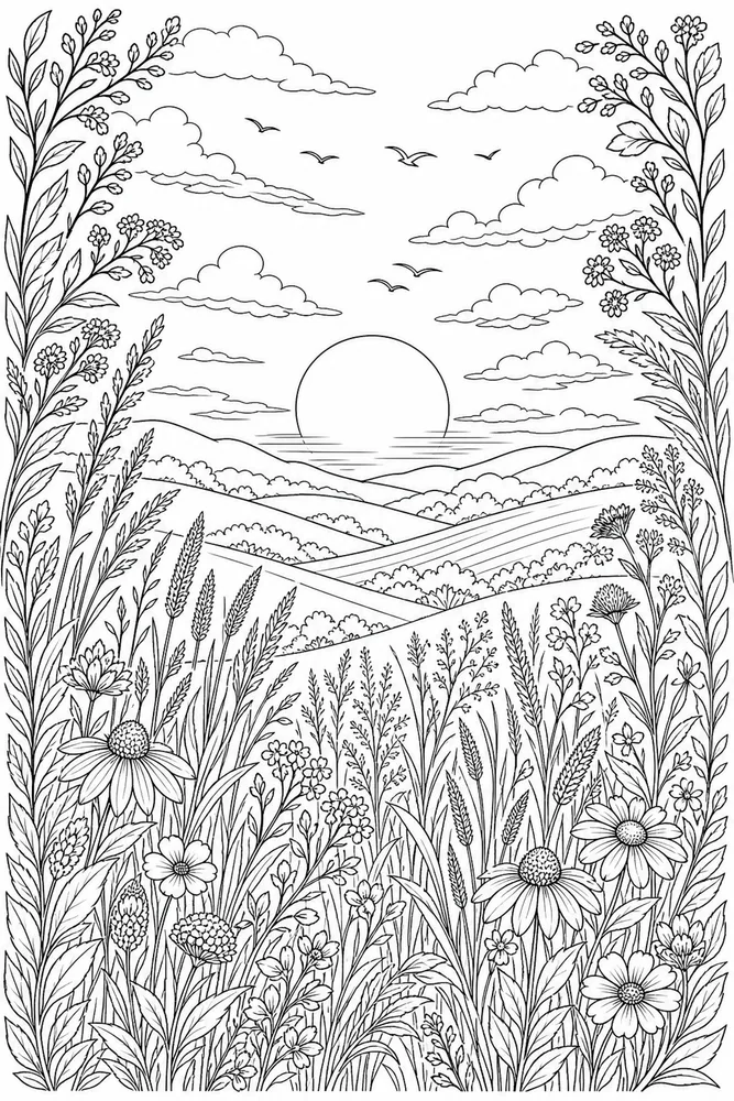 Adult Nature Nature Sunset Field coloring page