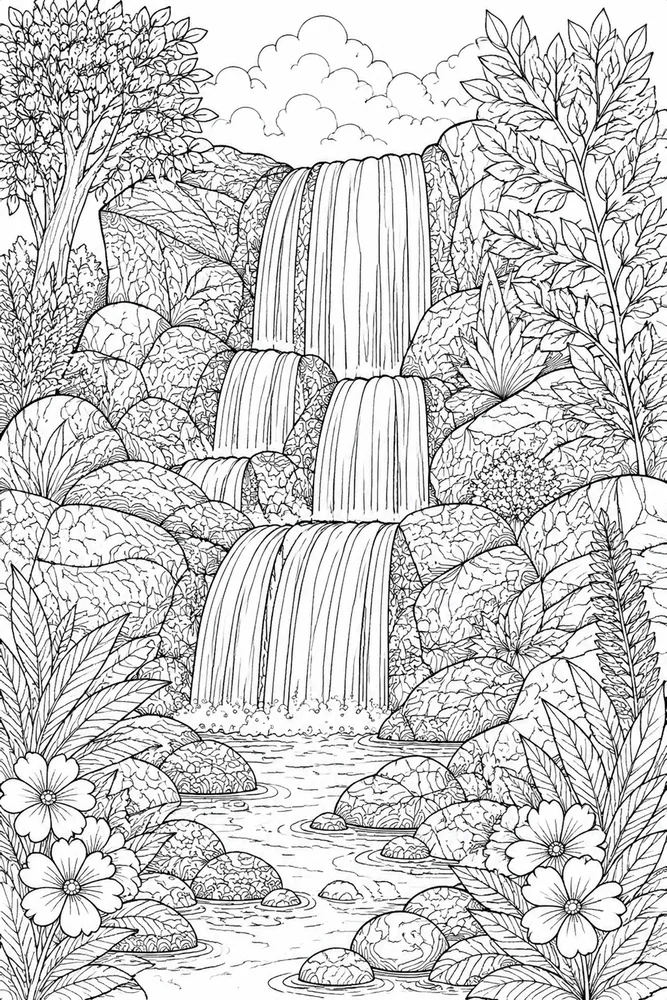 Adult Nature Nature Waterfall Stones coloring page
