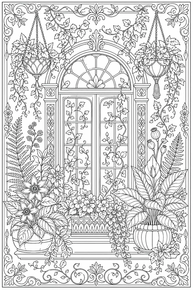 Adult Stress Relief Stress Relief Botanical Window Frame coloring page