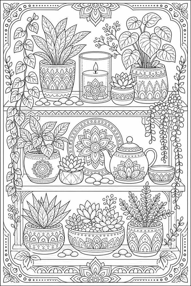 Adult Stress Relief Stress Relief Candle And Plants Shelf coloring page