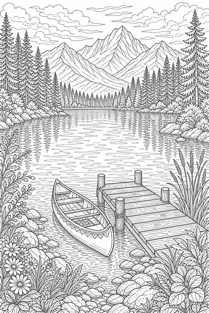 Adult Stress Relief Stress Relief Peaceful Mountain Lake coloring page