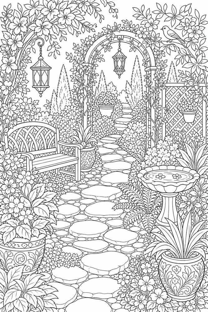 Adult Stress Relief Stress Relief Quiet Garden Path coloring page