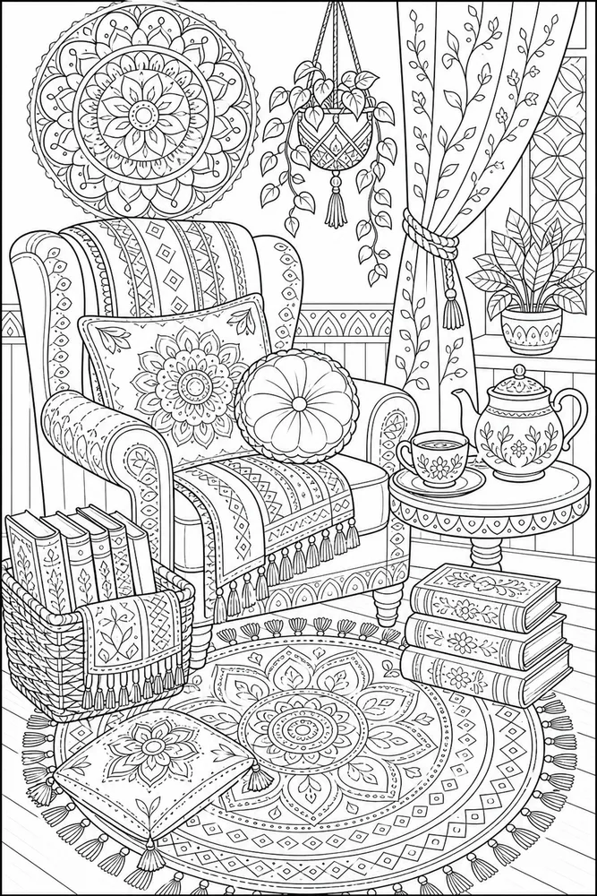 Adult Stress Relief Stress Relief Tea And Book Corner coloring page