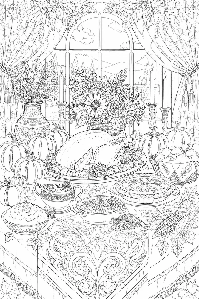 Adult Thanksgiving Coloring Pages preview: Adult Thanksgiving Thanksgiving Harvest Table coloring page