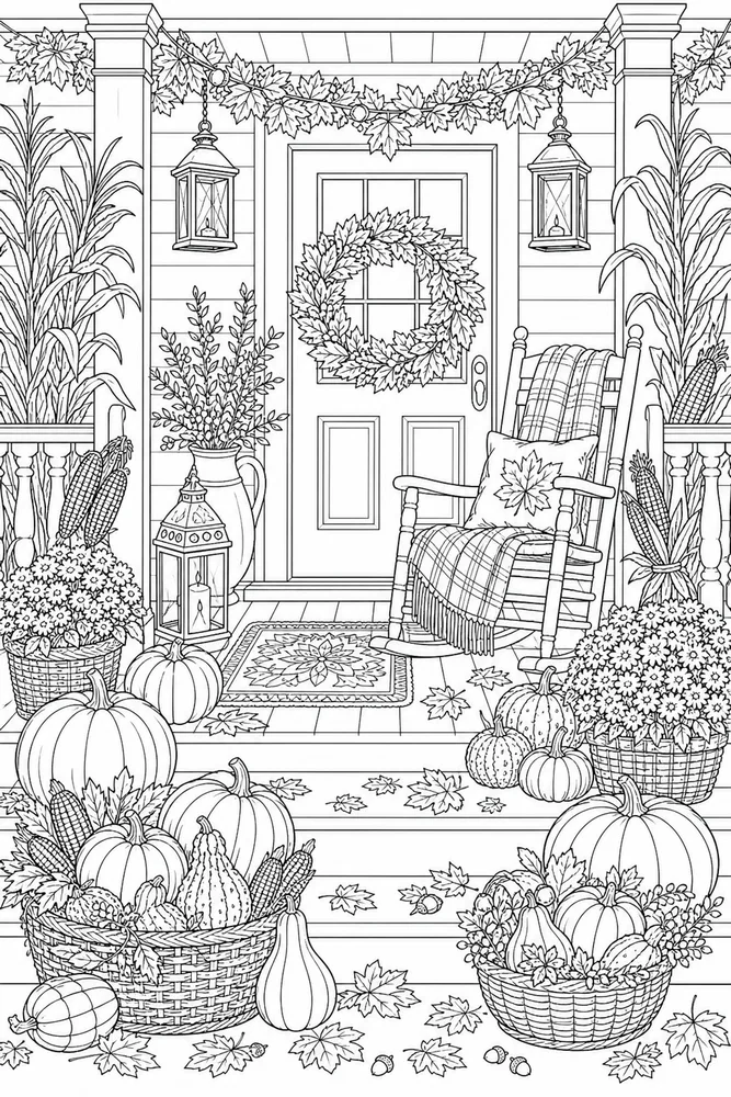 Adult Thanksgiving Thanksgiving Porch Pumpkins coloring page