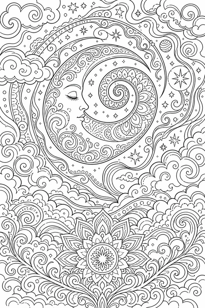 Adult Trippy Trippy Adult Spiral Moon Clouds coloring page