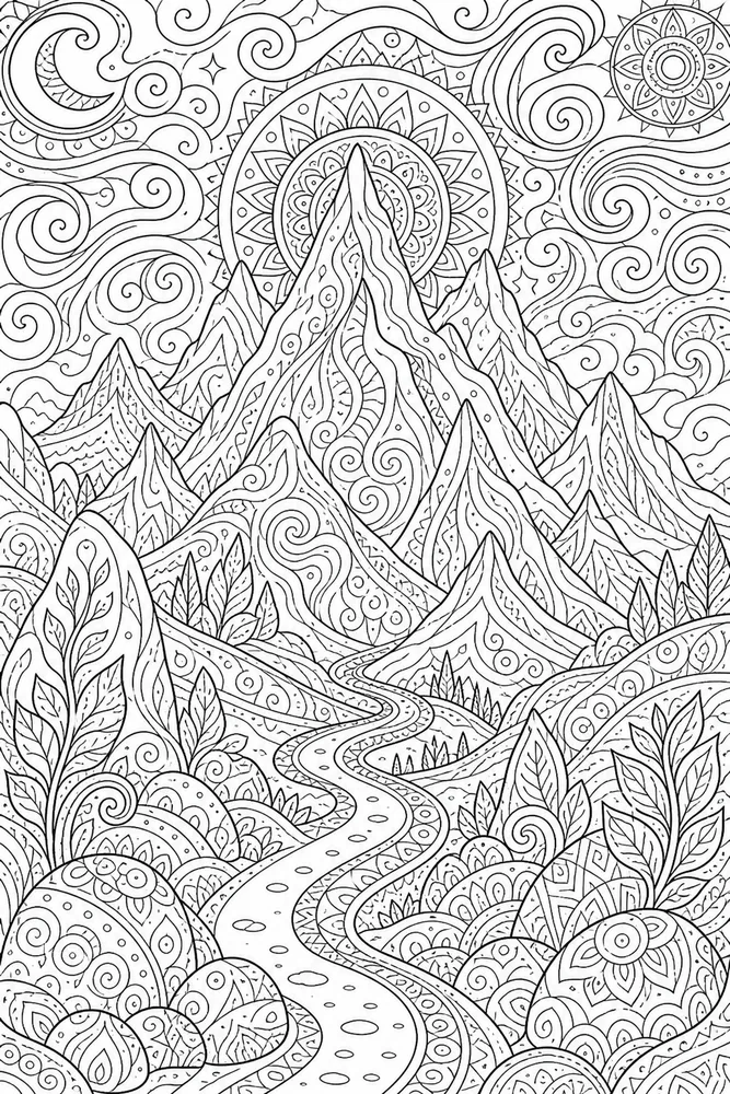 Adult Trippy Trippy Adult Swirl Mountain Scene coloring page