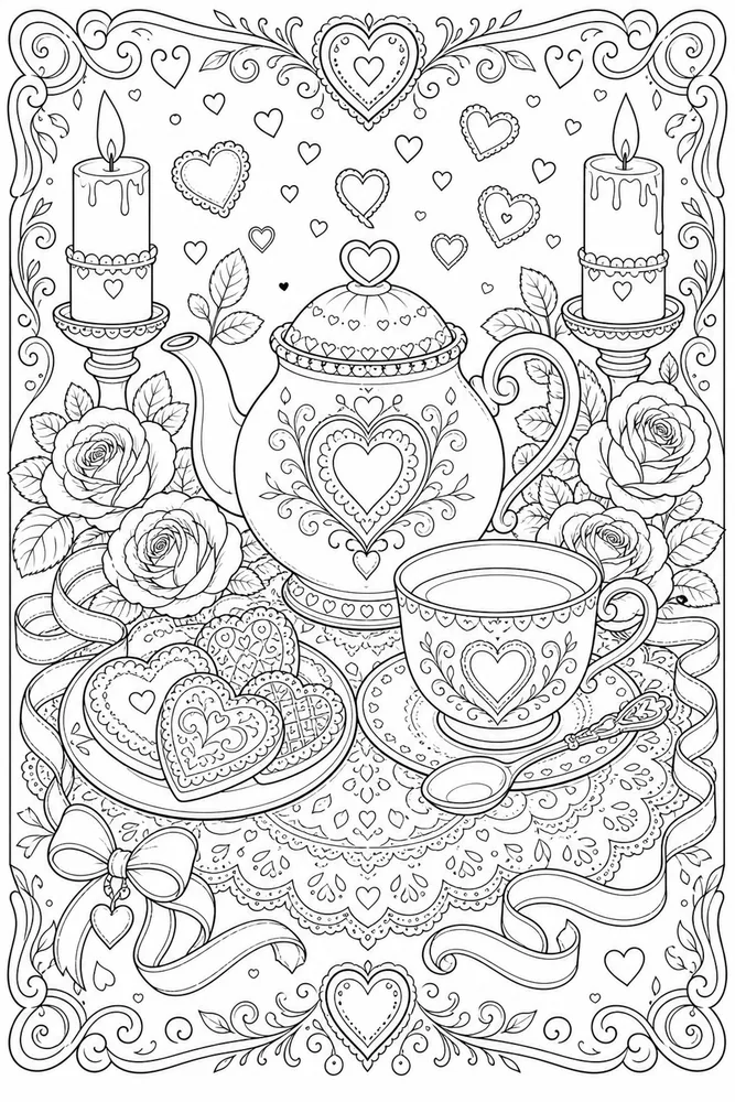 Adult Valentine Valentine Cozy Tea Hearts coloring page