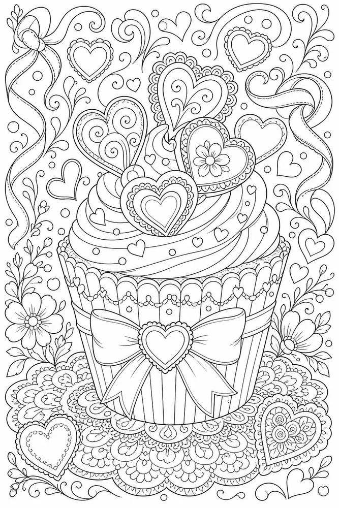 Adult Valentine Valentine Cupcake Hearts coloring page