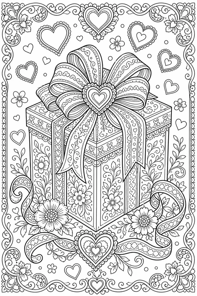 Adult Valentine Valentine Gift Box Hearts coloring page