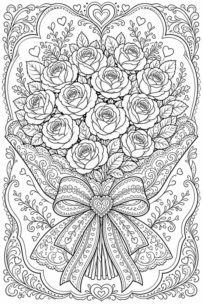 Adult Valentine Valentine Rose Bouquet coloring page