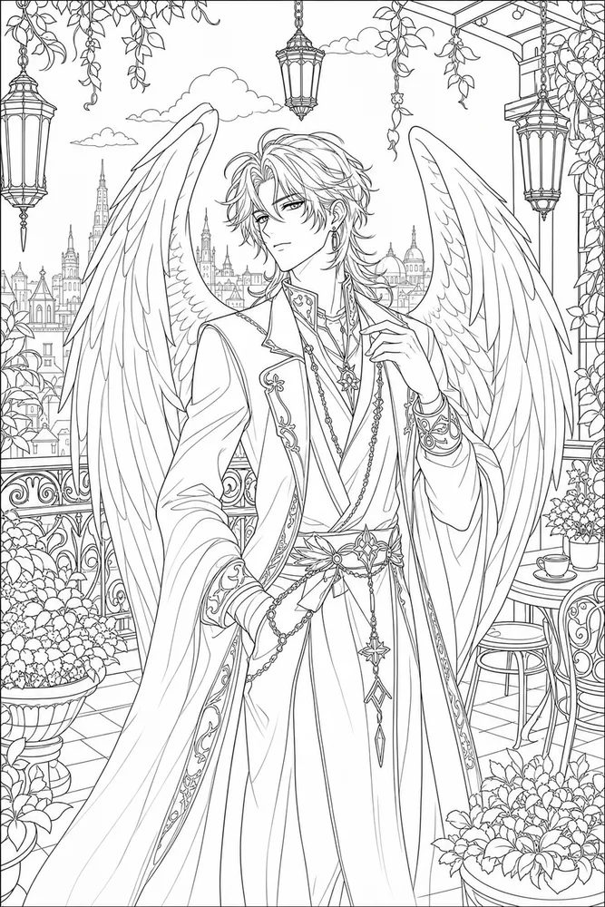 Anime Adult Anime Angel Wings Portrait printable coloring page