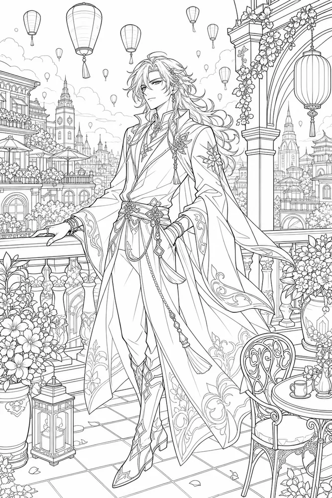 Anime Adult Anime City Balcony Scene printable coloring page