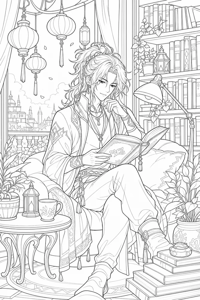 Anime Adult Anime Cozy Library Nook printable coloring page