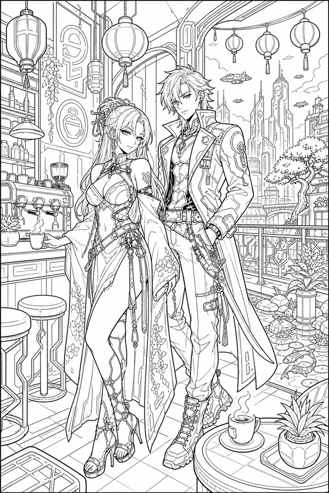 Anime Adult Anime Cyberpunk Cafe printable coloring page