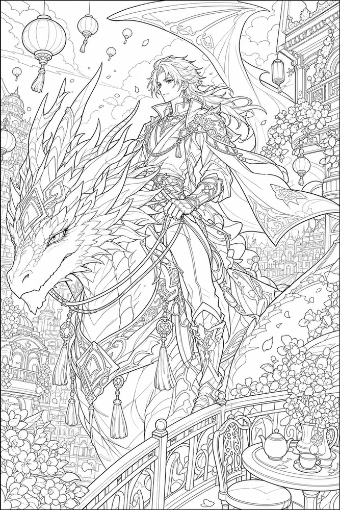 Anime Adult Anime Dragon Rider Scene printable coloring page