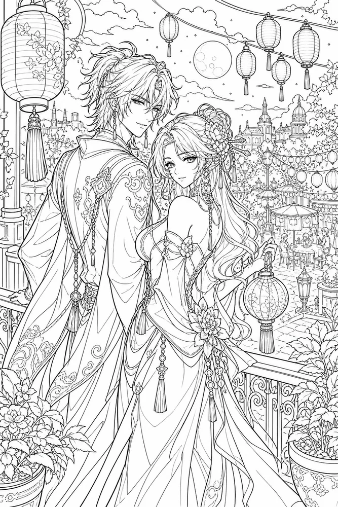 Anime Adult Anime Festival Lanterns printable coloring page
