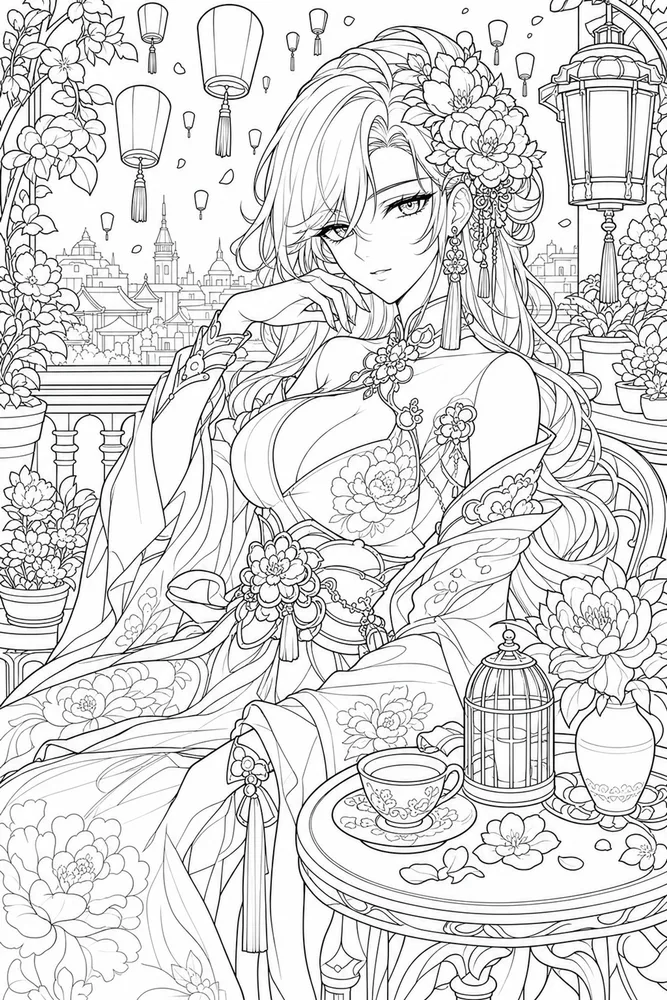 Anime Adult Anime Floral Portrait printable coloring page