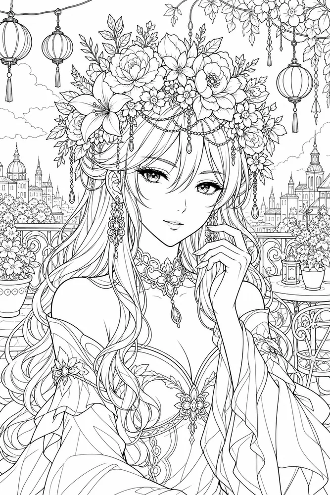 Anime Adult Anime Flower Crown Portrait printable coloring page