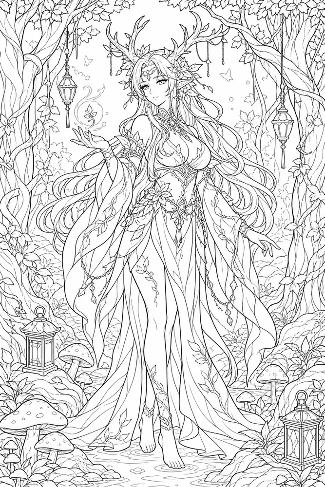 Anime Adult Anime Forest Spirit Scene printable coloring page
