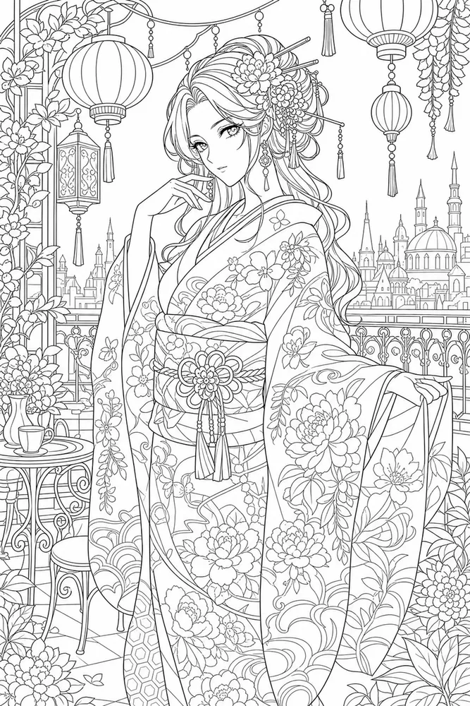 Anime Adult Anime Kimono Pattern Portrait printable coloring page