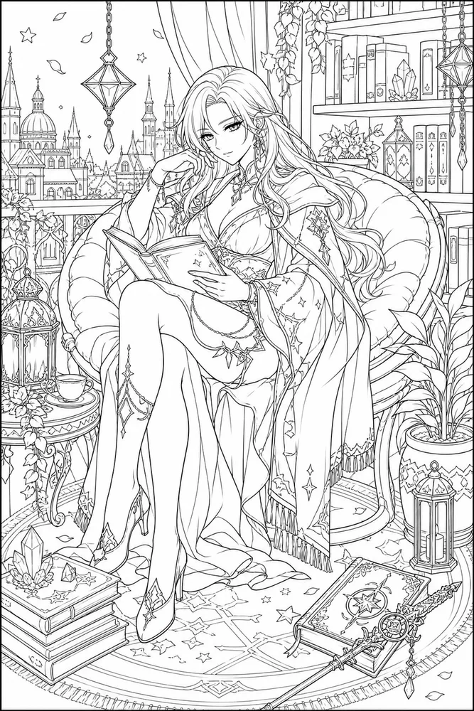 Anime Adult Anime Mage Reading Corner printable coloring page