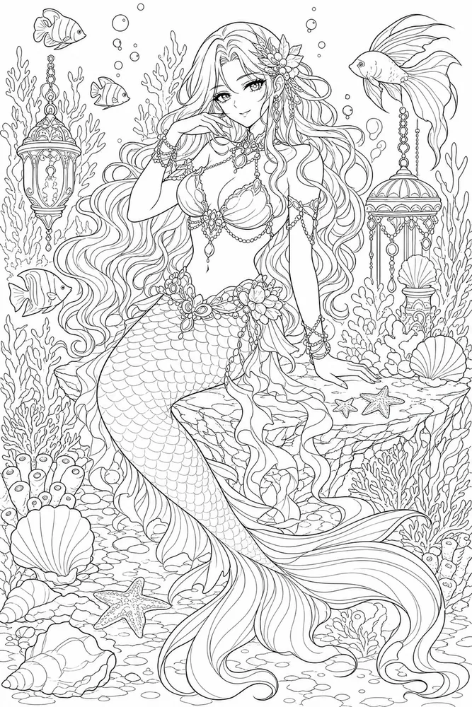 Anime Adult Anime Mermaid Reef Scene printable coloring page