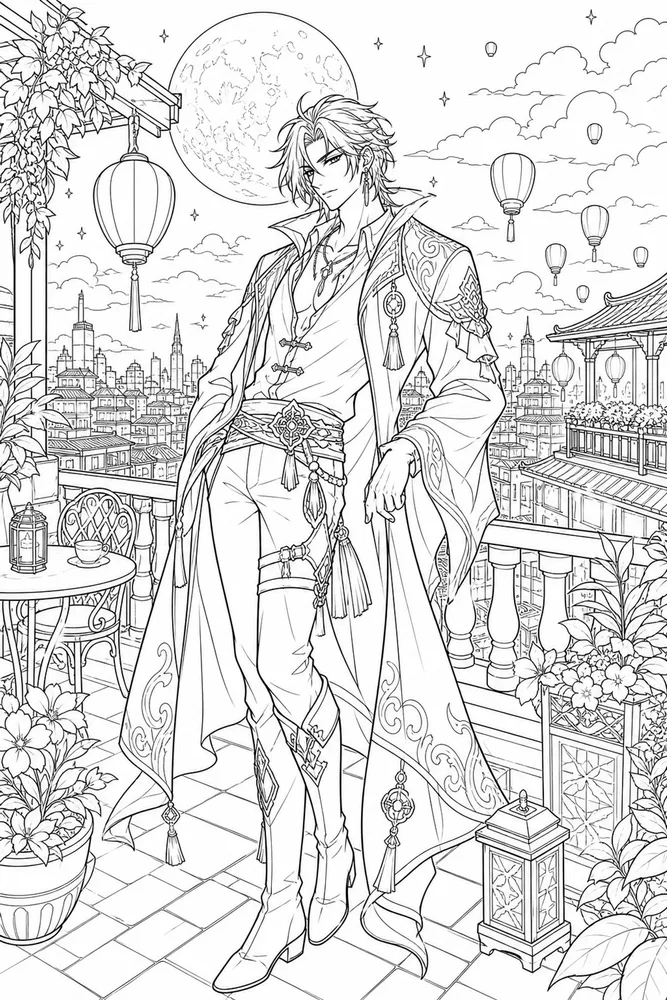 Anime Adult Anime Moonlit Rooftop printable coloring page