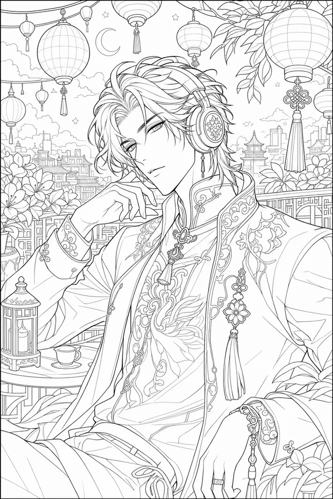 Anime Adult Anime Music Headphones Portrait printable coloring page