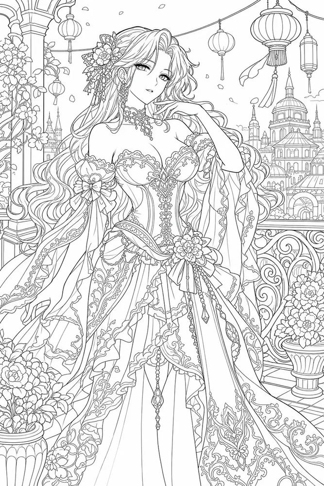 Anime Adult Anime Ornate Dress Page printable coloring page