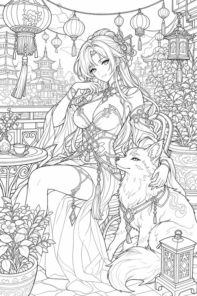 Anime Adult Anime Pet Companion Scene printable coloring page