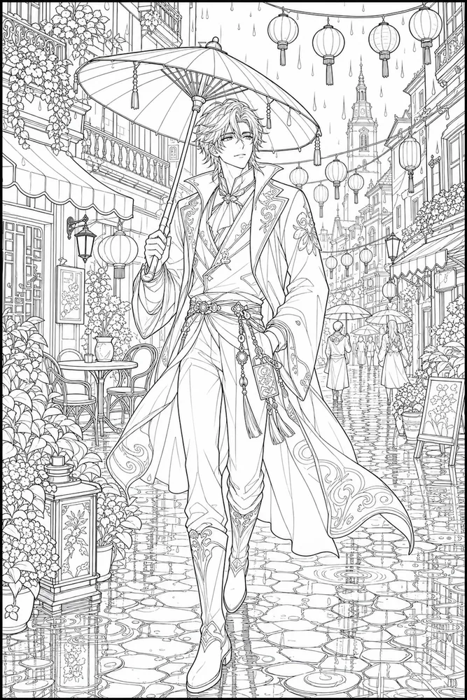 Anime Adult Anime Rainy Street Walk printable coloring page