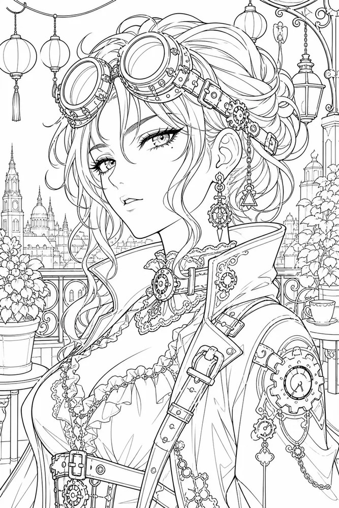Anime Adult Anime Steampunk Goggles Portrait printable coloring page