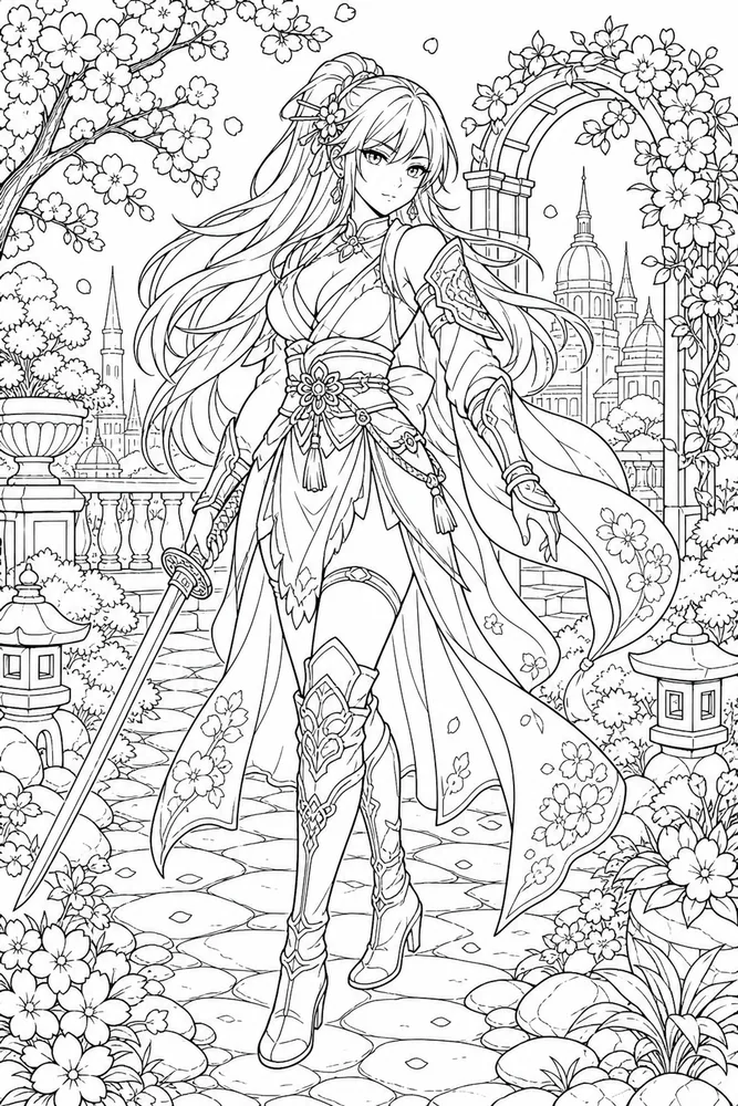 Anime Adult Anime Warrior Garden Pose printable coloring page